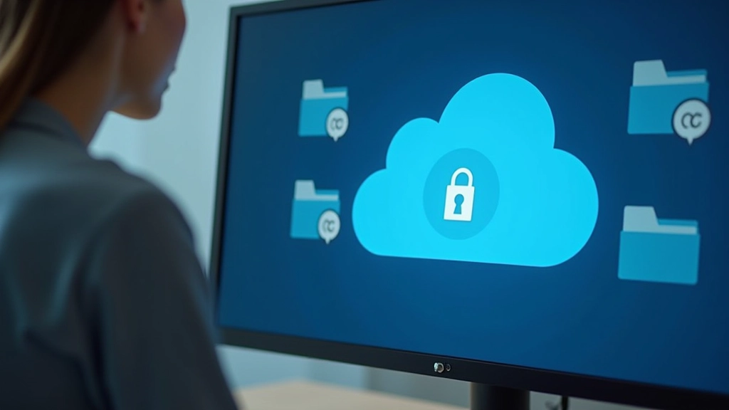 Cloud storage folder icon with lock symbol, secure file management concept displayed on screen