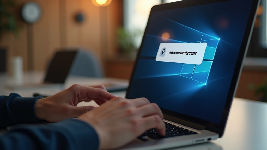 Hands typing on keyboard with security shield overlay, password entry screen visible, cybersecurity protection concept