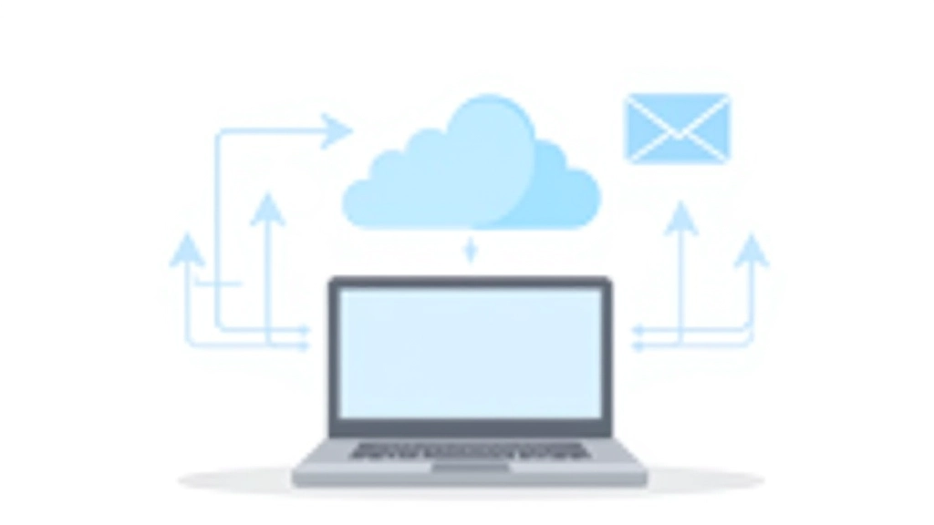 Laptop and cloud icon diagram showing data transfer and synchronization between local device and cloud servers