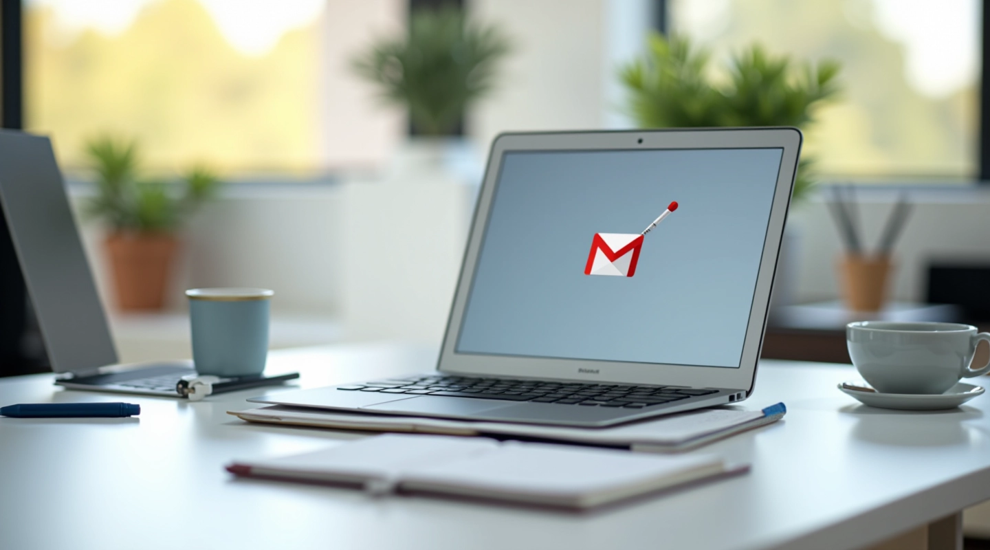 Modern workspace with laptop showing Gmail inbox organization, desk with notebook and coffee, bright natural lighting
