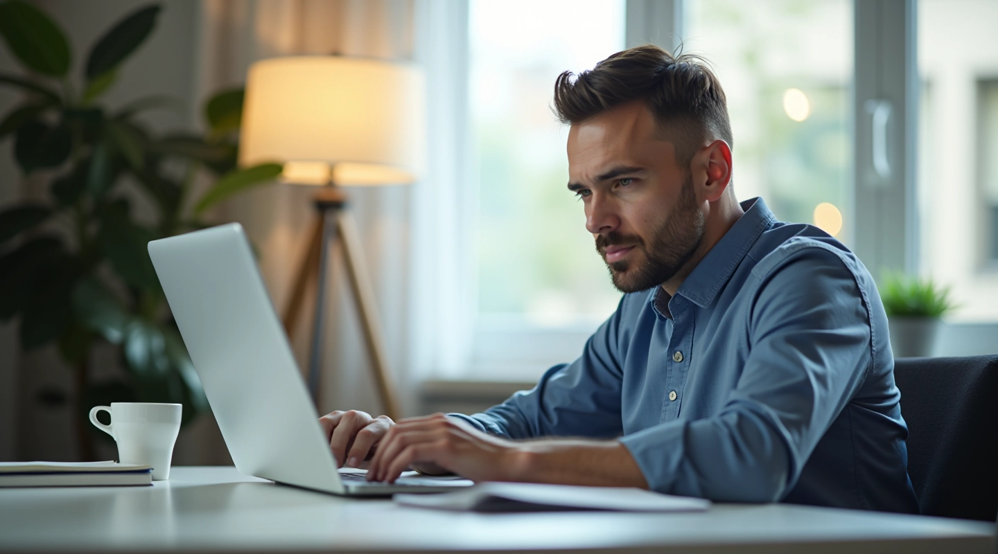 Professional working at desk with laptop showing Gmail interface, organized workspace with notebook and coffee